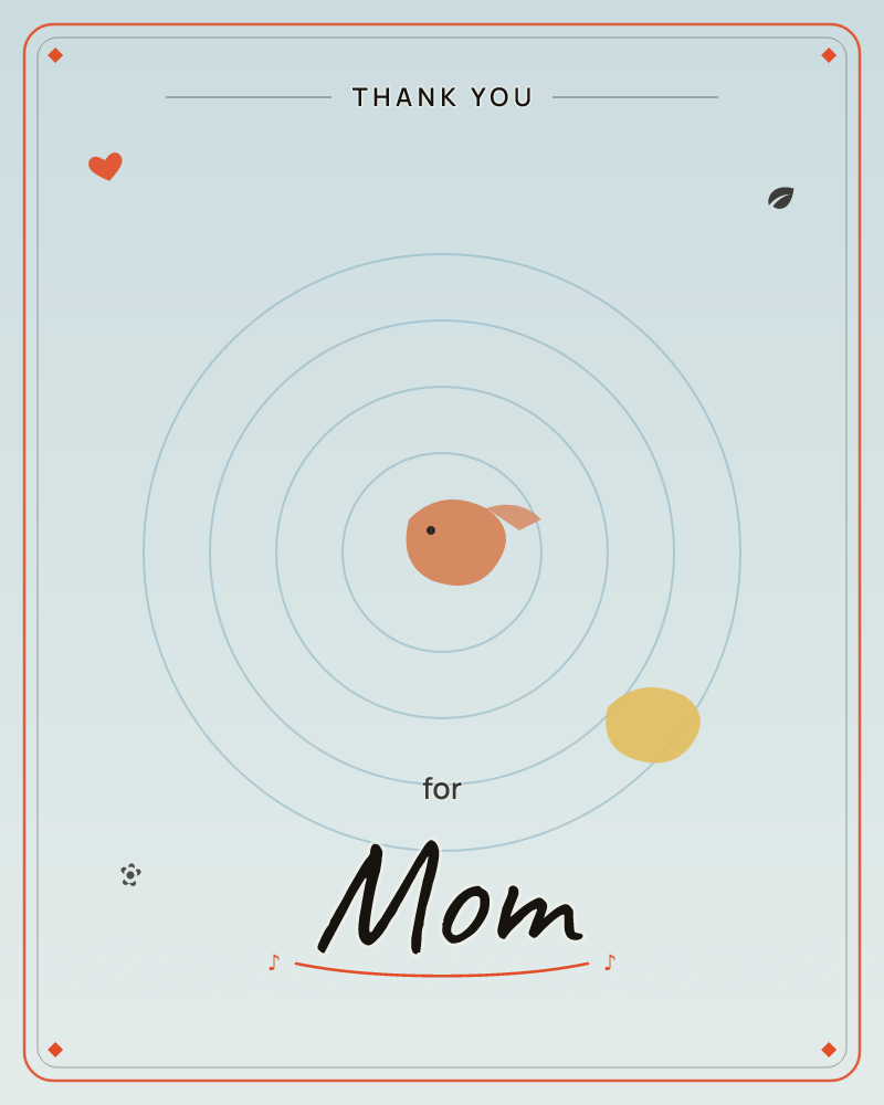 A minimalist illustration shows a single orange bird-like shape at the centre of pale blue concentric rings, like ripples on still water, with one…, a thankyou e-card design by @DittyCityTeam