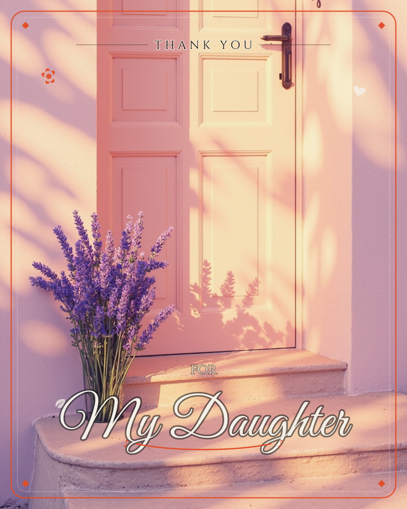 A soft peach-pink front door glows in late afternoon sun, dappled with leafy shadows cast across its panels and the stone steps below, a thankyou e-card design
