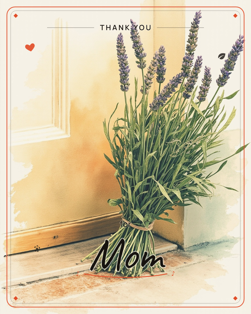 A bundle of lavender stems, tied with twine, leans against a skirting board and door frame in a warm, sunlit hallway, a thankyou e-card design