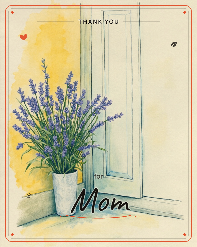 A tall bunch of lavender stands in a simple stone-grey pot, tucked into the corner beside a pale blue-green shuttered door, a thankyou e-card design