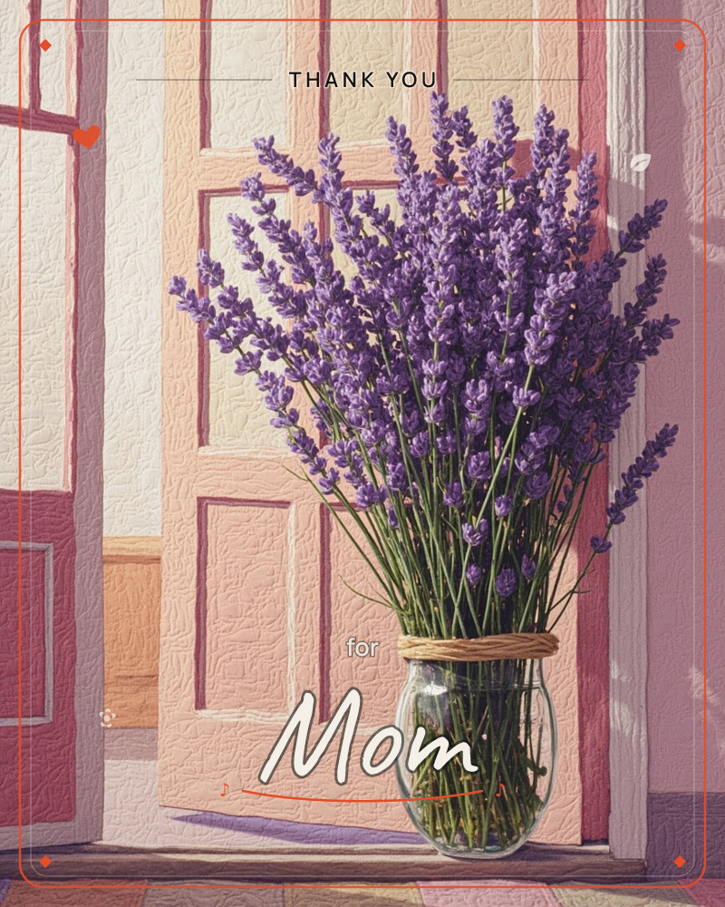 A glass vase crowded with fresh-cut lavender stems sits on a doorstep, its twine-wrapped neck catching the light against a pink panelled door swung…, a thankyou e-card design