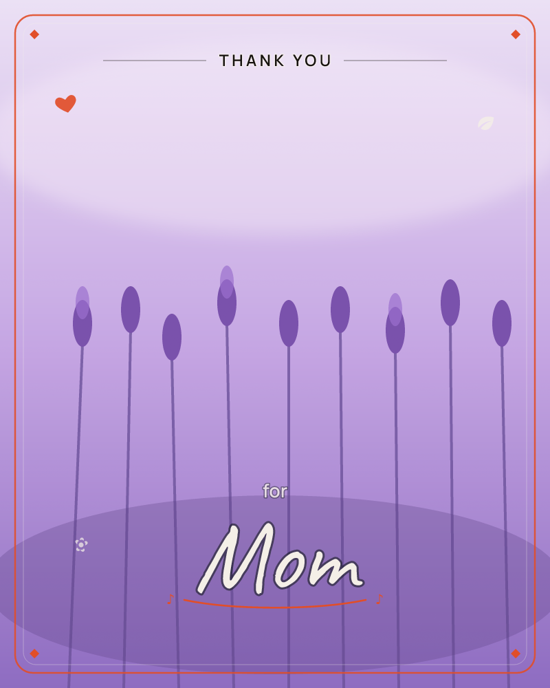 A row of slender purple stems rises from a shadowed pool into a softly lit lavender haze, each topped with a rounded bud like a stylised flower or seedpod, a thankyou e-card design by @DittyCityTeam