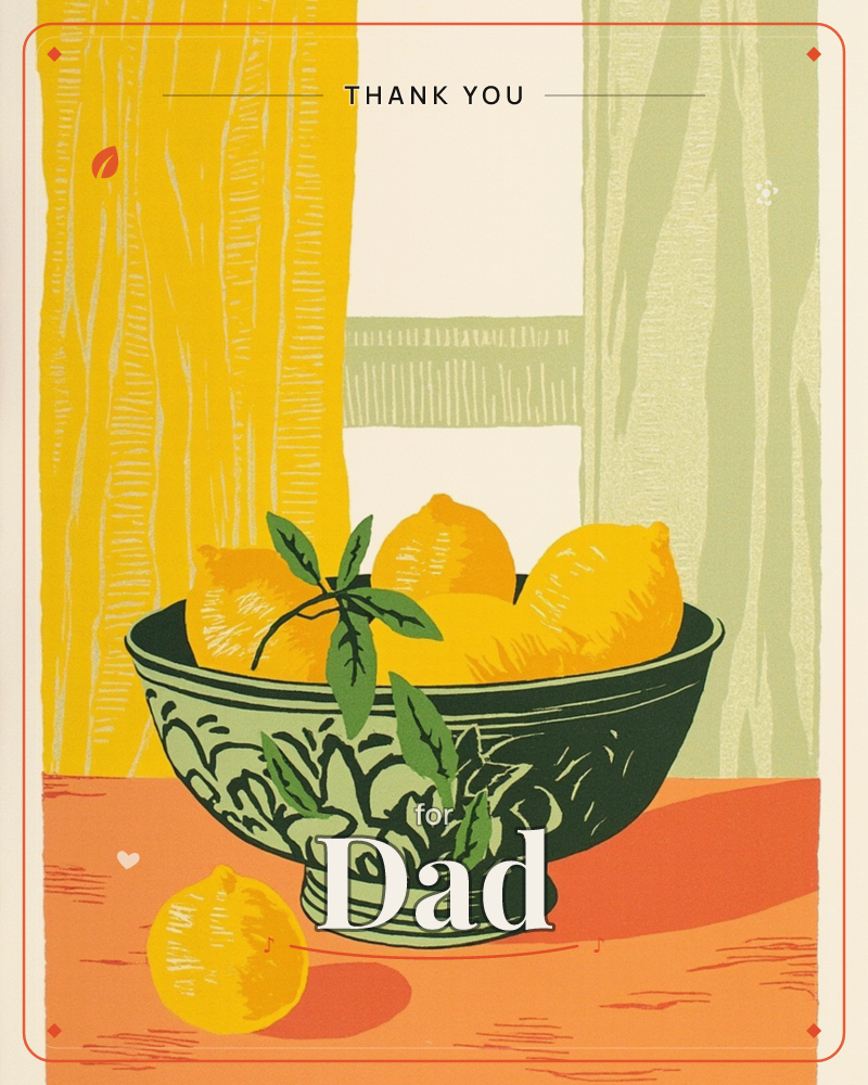 A patterned ceramic bowl heaped with lemons and a leafy sprig sits on an orange tabletop before a window, framed by a bold yellow curtain on one side…, a thankyou e-card design