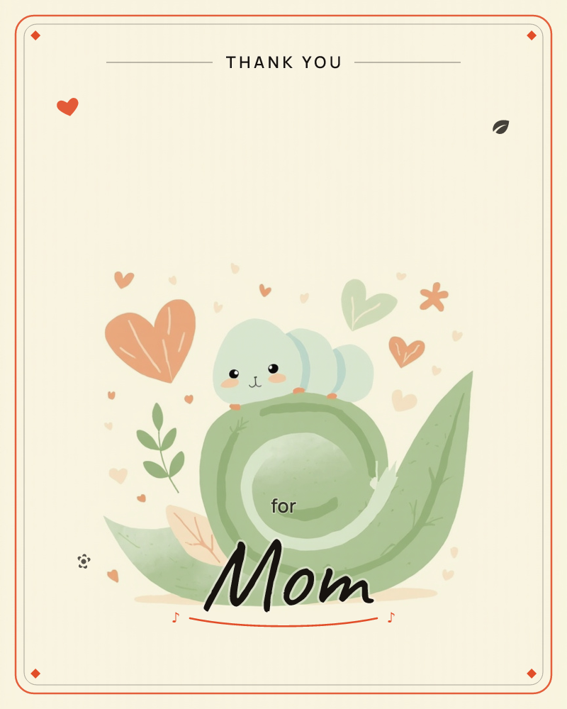 A cheerful little caterpillar with rosy cheeks perches atop a coiled green leaf shaped like a spiral shell, its long body dotted with soft pastel segments, a thankyou e-card design