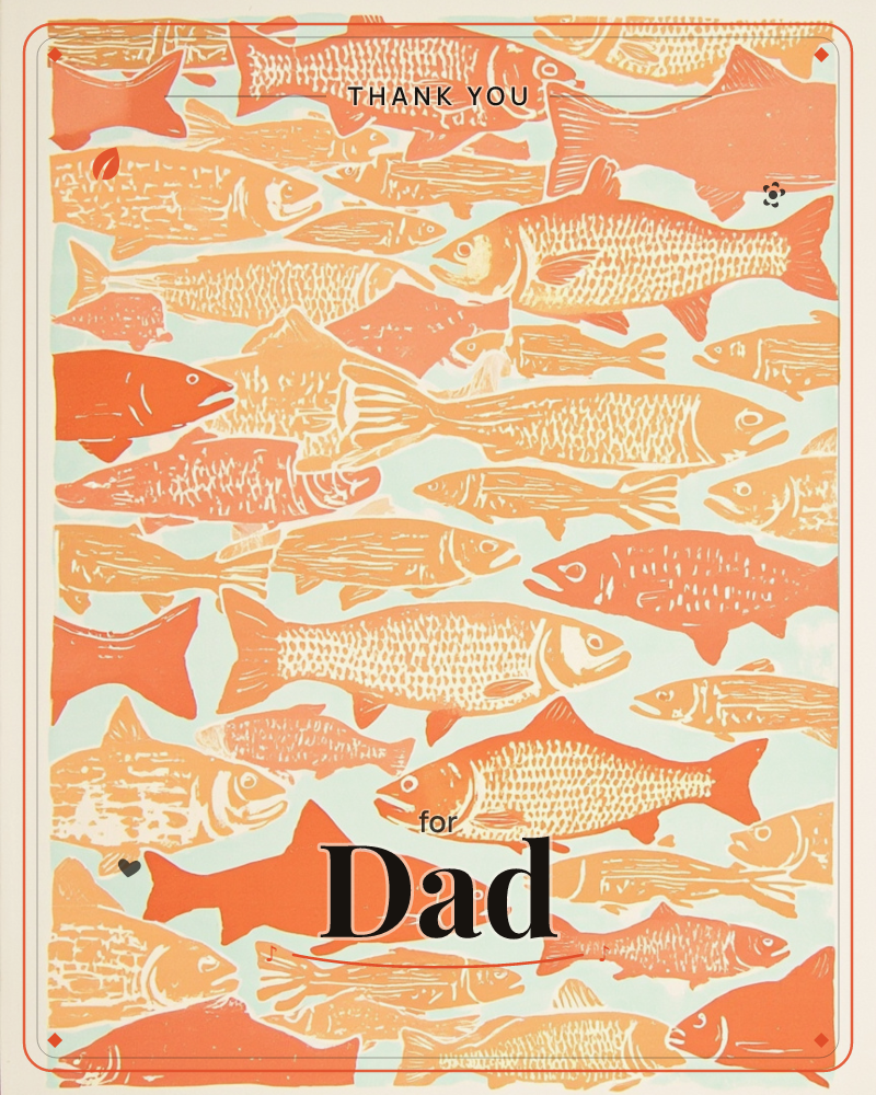 A dense shoal of overlapping fish fills the page, printed in warm coral, orange and peach against a pale mint background, a thankyou e-card design