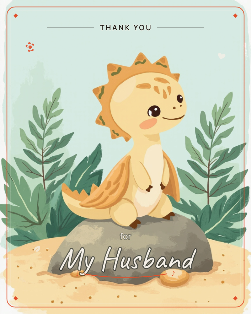A round-cheeked baby dinosaur with a spiky golden crown and folded wings perches on a grey boulder, surrounded by tall green fern leaves and sandy ground, a thankyou e-card design