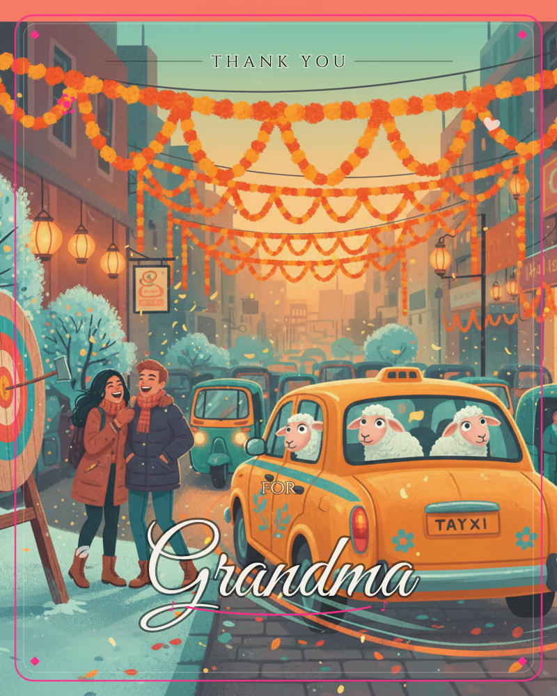 A festive city street glows at dusk under strings of orange and yellow marigold garlands looped between buildings, a thankyou e-card design by @DittyCityTeam