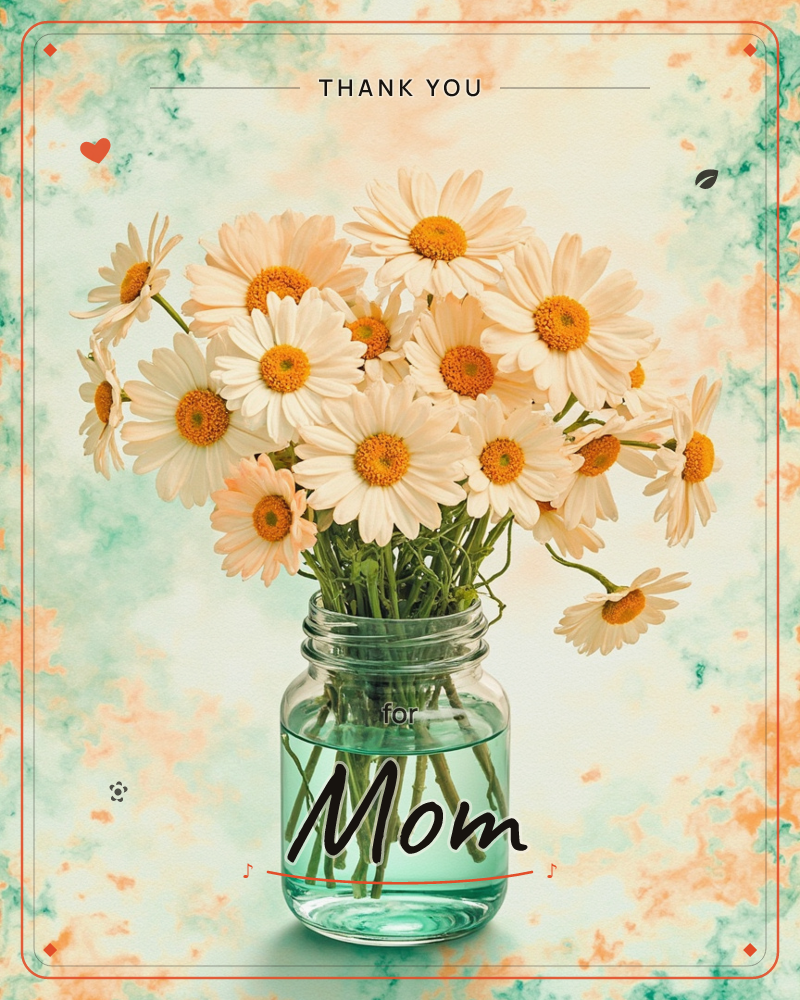 A glass jar filled with water holds a generous bunch of white daisies with golden centres, their stems visible beneath the surface, a thankyou e-card design