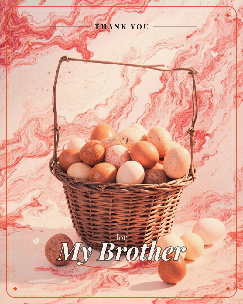 A woven wicker basket with a bent-wire handle sits piled high with speckled brown and cream eggs of different shades, a handful more scattered loose on…, a thankyou e-card design
