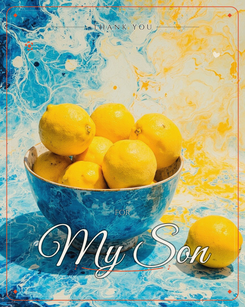 A ceramic bowl swirled in blues and creams overflows with bright yellow lemons, one having rolled loose onto the marbled surface below, a thankyou e-card design