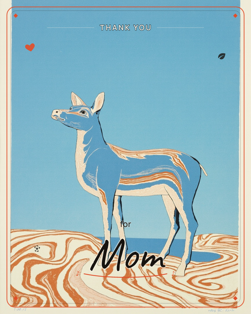A stylised deer stands on swirling, wood-grained sand dunes against a flat sky-blue background, its body striped with the same rust-orange marbled…, a thankyou e-card design