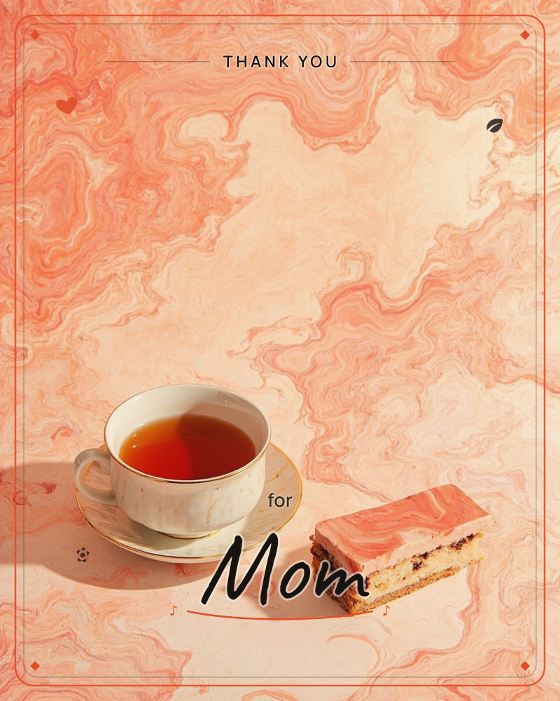 A white teacup with gilded rim sits filled with amber tea beside a slice of pink marbled cake, both resting on a swirling coral and cream marbled…, a thankyou e-card design