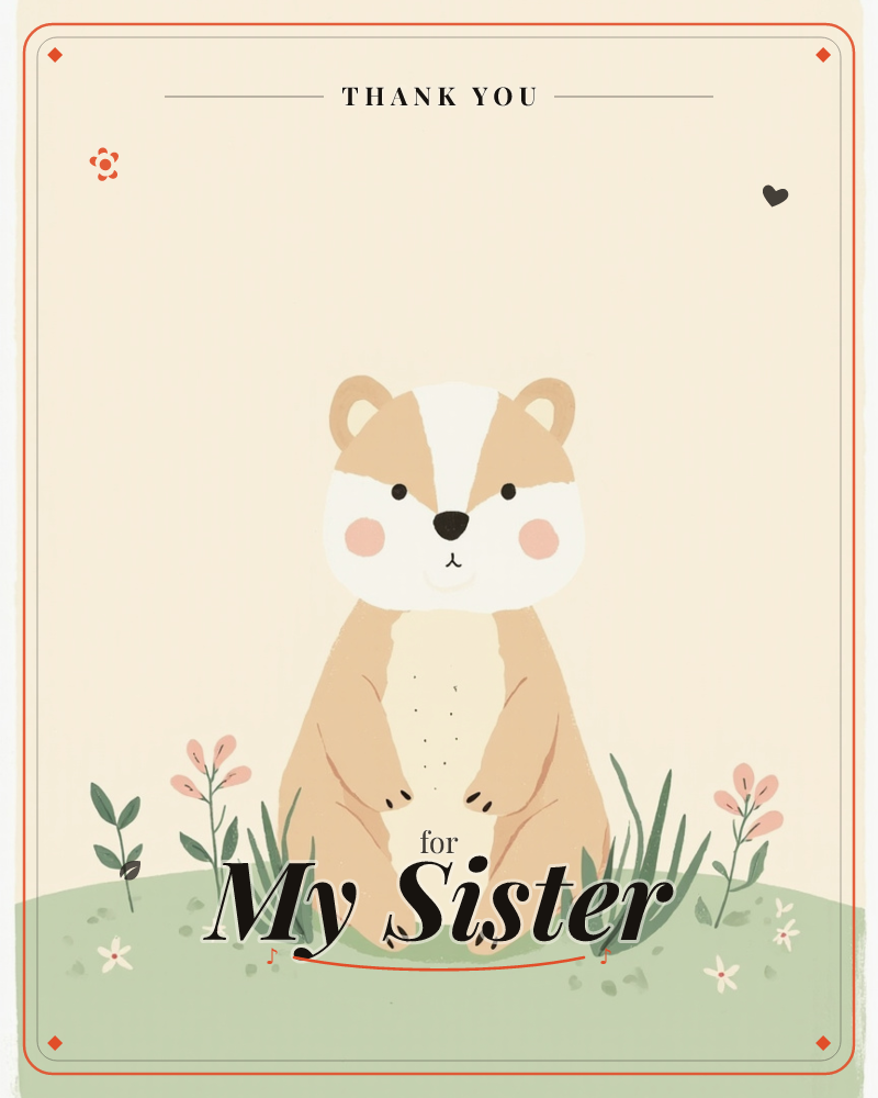 A round little badger sits upright on a gentle green hillside, paws folded over its cream belly, with rosy cheeks and a soft striped face, a thankyou e-card design