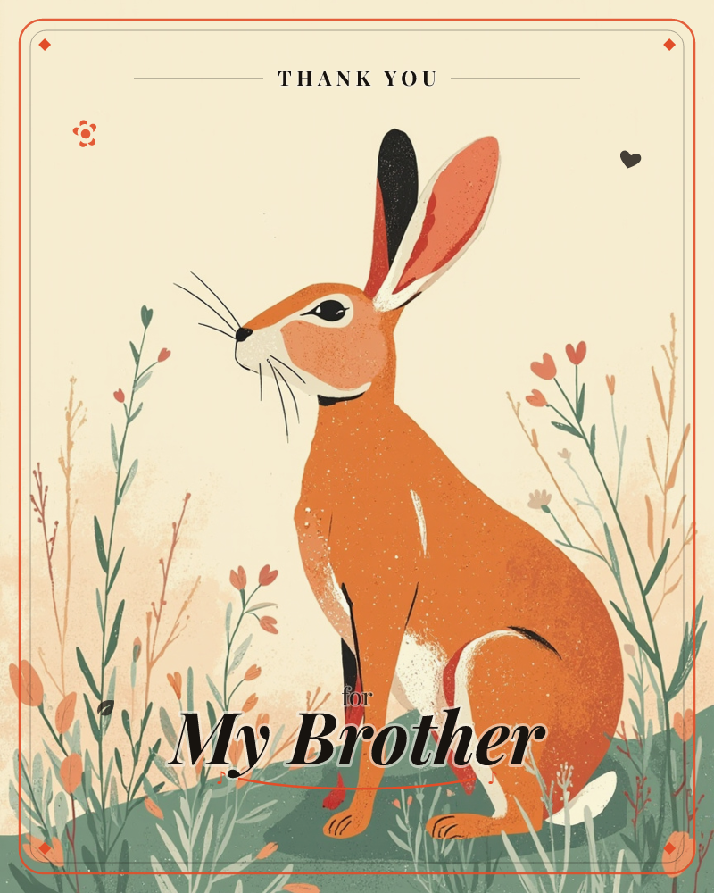 A tall hare sits alert amid slender wildflowers and grasses, its long ears raised against a soft cream sky, a thankyou e-card design