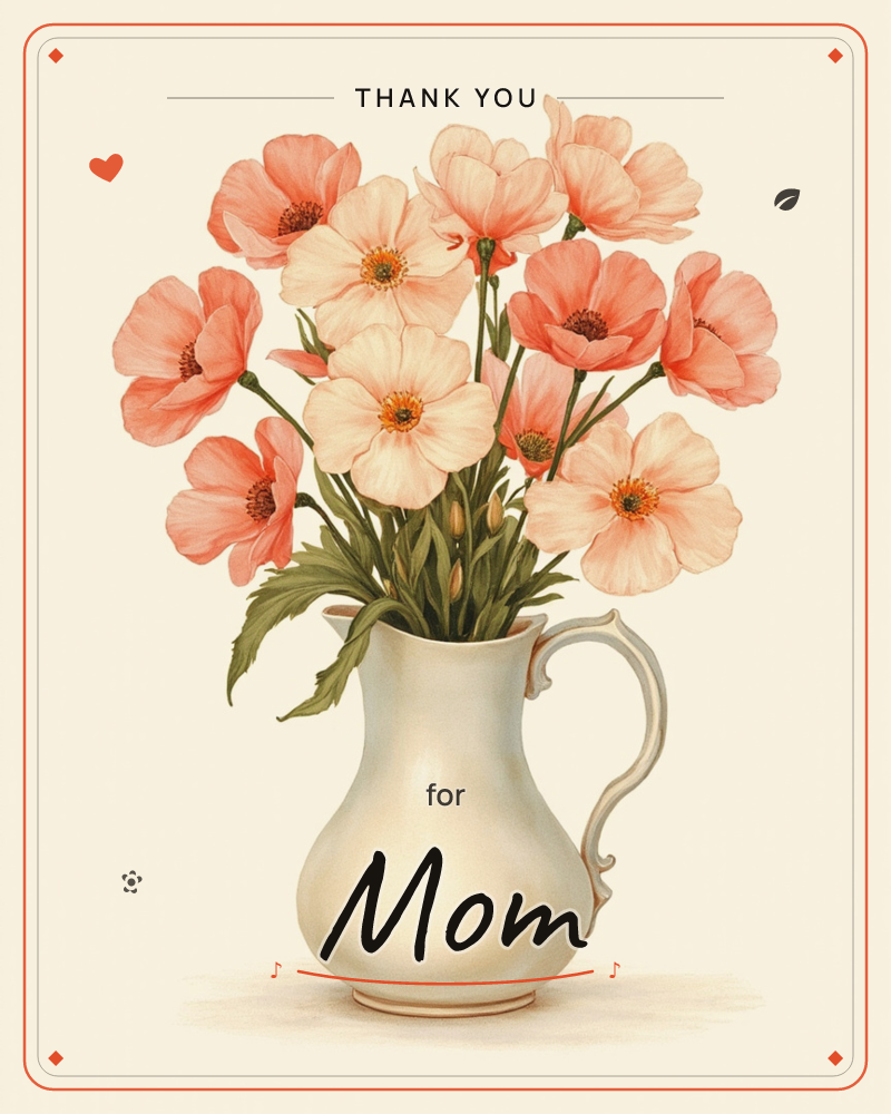 A cream ceramic pitcher holds a full bouquet of poppies in soft coral and blush tones, their papery petals open around dark centres, a thankyou e-card design