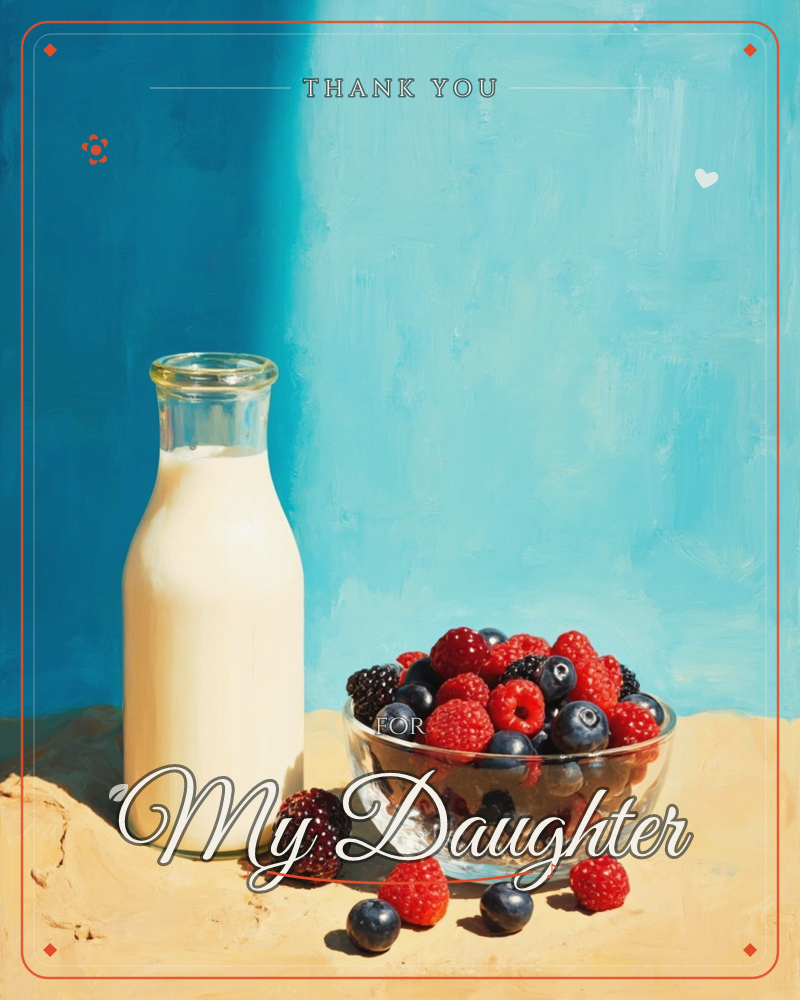 A glass bottle of milk stands beside a bowl brimming with raspberries, blackberries and blueberries, set on a sandy-toned tabletop against two shades…, a thankyou e-card design