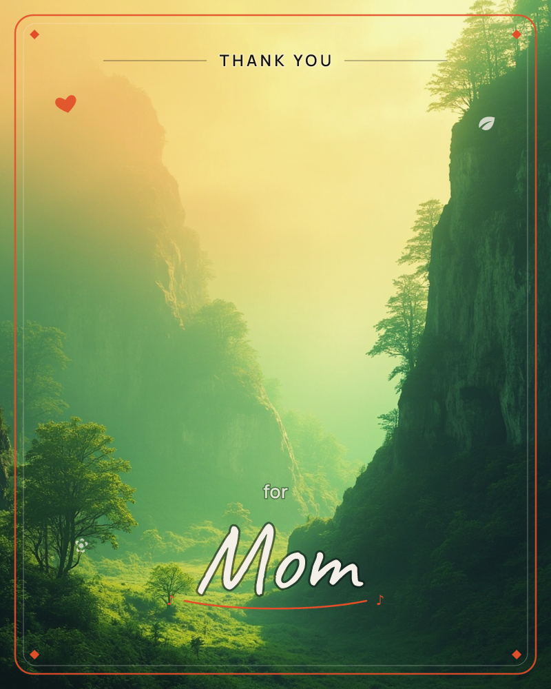 A misty mountain gorge glows with layered light, steep cliffs rising on either side draped in dark pine trees, a thankyou e-card design