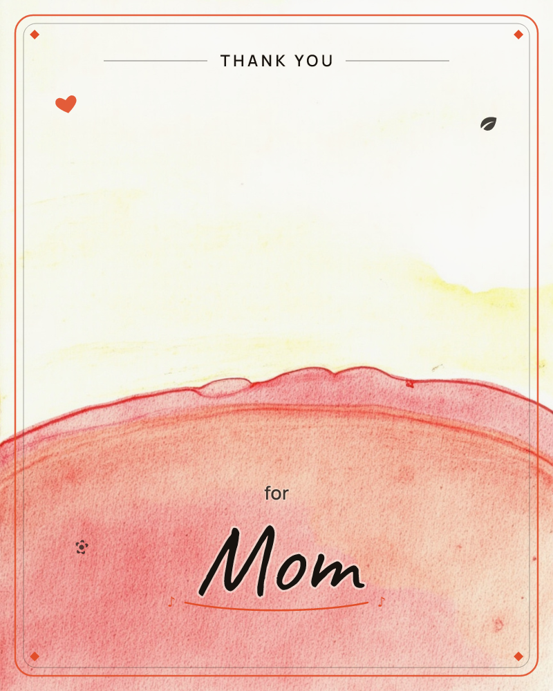 A soft watercolour horizon shows a rounded coral-pink hill rising against a pale yellow sky, its edge drawn in a thin uneven red line, a thankyou e-card design