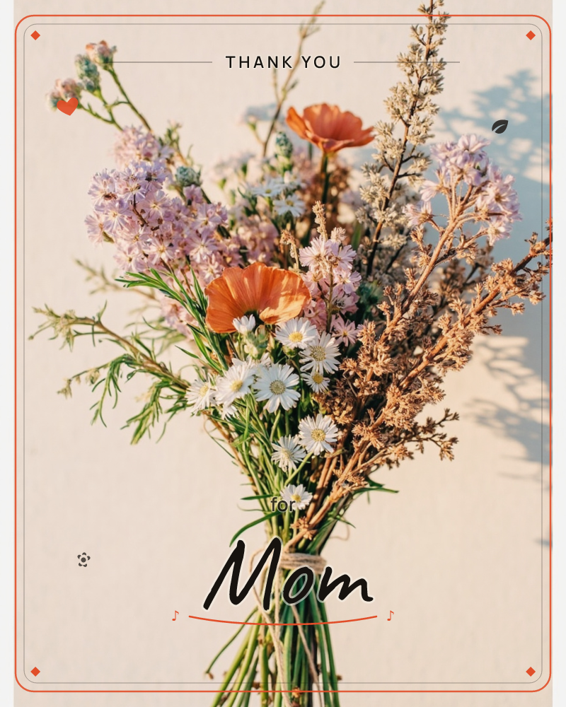 A hand-tied wildflower bouquet hangs against a plain warm wall, bound at the stems with twine, its dried sprays casting soft feathery shadows in low…, a thankyou e-card design
