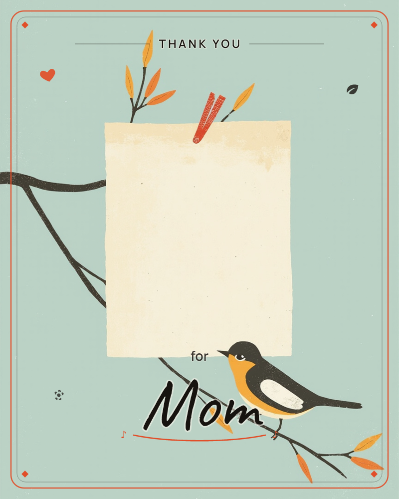 A small orange-and-black bird perches on a dark, bare branch against a soft sage-green background, with a blank cream note card tucked into the twigs…, a thankyou e-card design