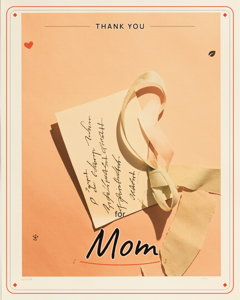 A cream envelope covered in looping handwritten script lies against a warm peach background, a wide satin ribbon curling above it in a loose knot…, a thankyou e-card design