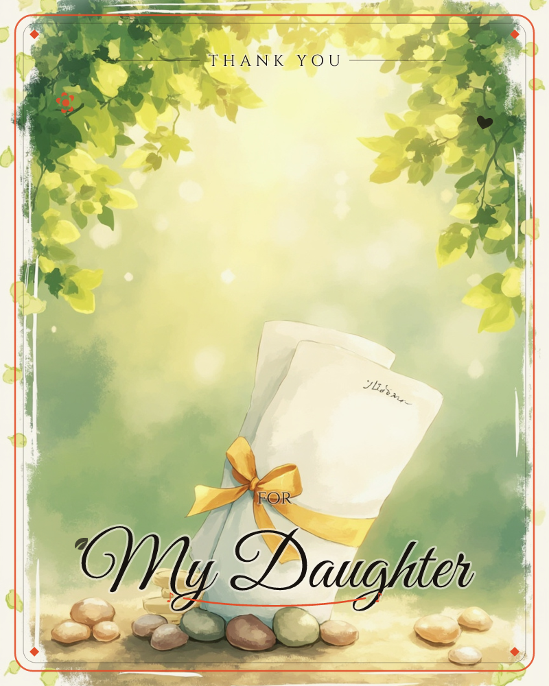 A cluster of leafy green branches arches over the top of the page, sunlight filtering through in soft dappled glow, a thankyou e-card design