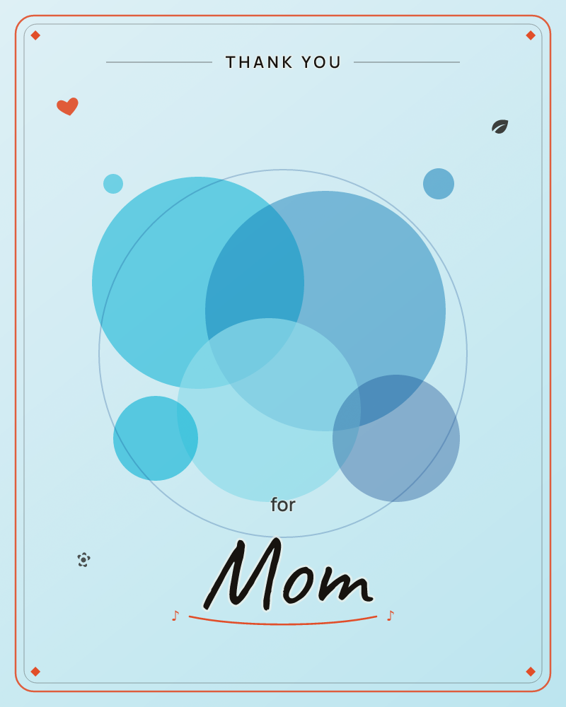 A cluster of translucent blue circles overlaps against a soft gradient background, their edges blending into deeper teals where they cross, a thankyou e-card design by @DittyCityTeam