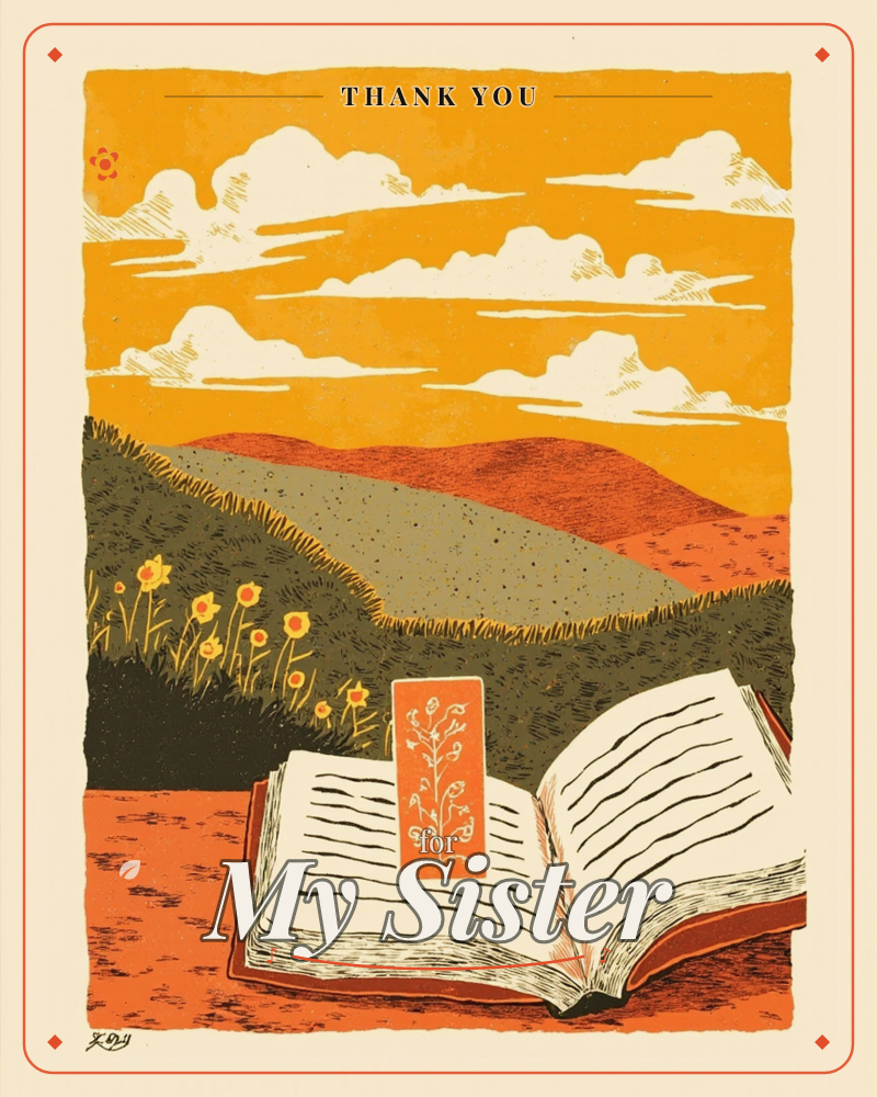 An open book with lined pages and a floral bookmark rests on rust-orange ground, facing a rolling countryside of olive hills and yellow wildflowers…, a thankyou e-card design