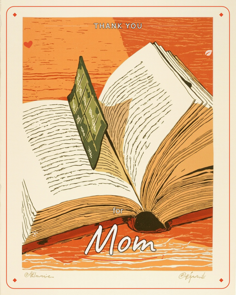 A linocut-style print shows a thick open book with pages fanned mid-turn, a green bookmark ribbon standing upright between the leaves, a thankyou e-card design