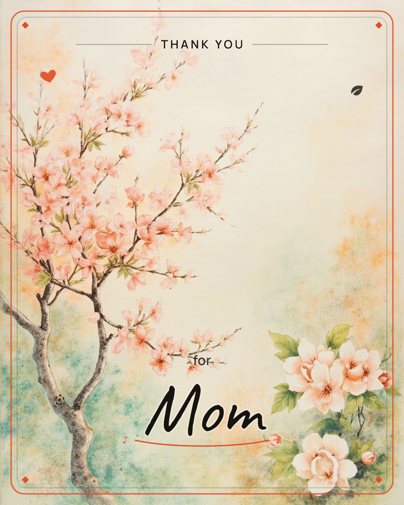 A slender flowering branch curves up from the lower left, its dark twigs dotted with soft pink cherry blossoms, while a small cluster of pale peachy…, a thankyou e-card design