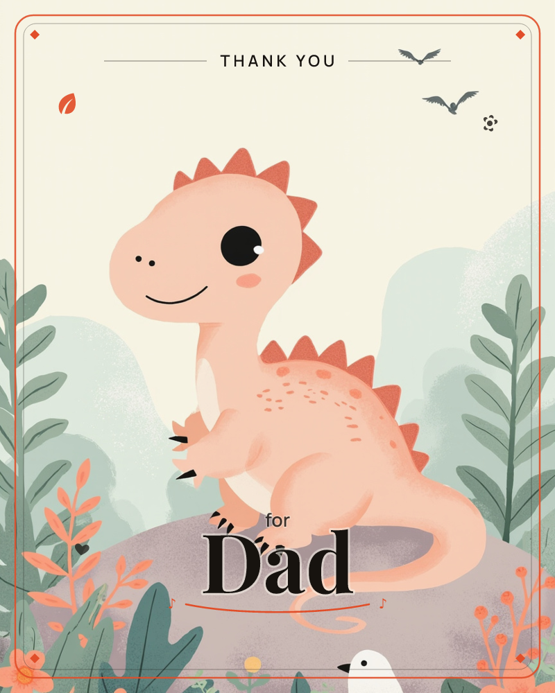A round, smiling baby dinosaur with coral spikes and rosy cheeks perches on a soft grey rock, surrounded by sage-green fronds and coral flowers, a thankyou e-card design