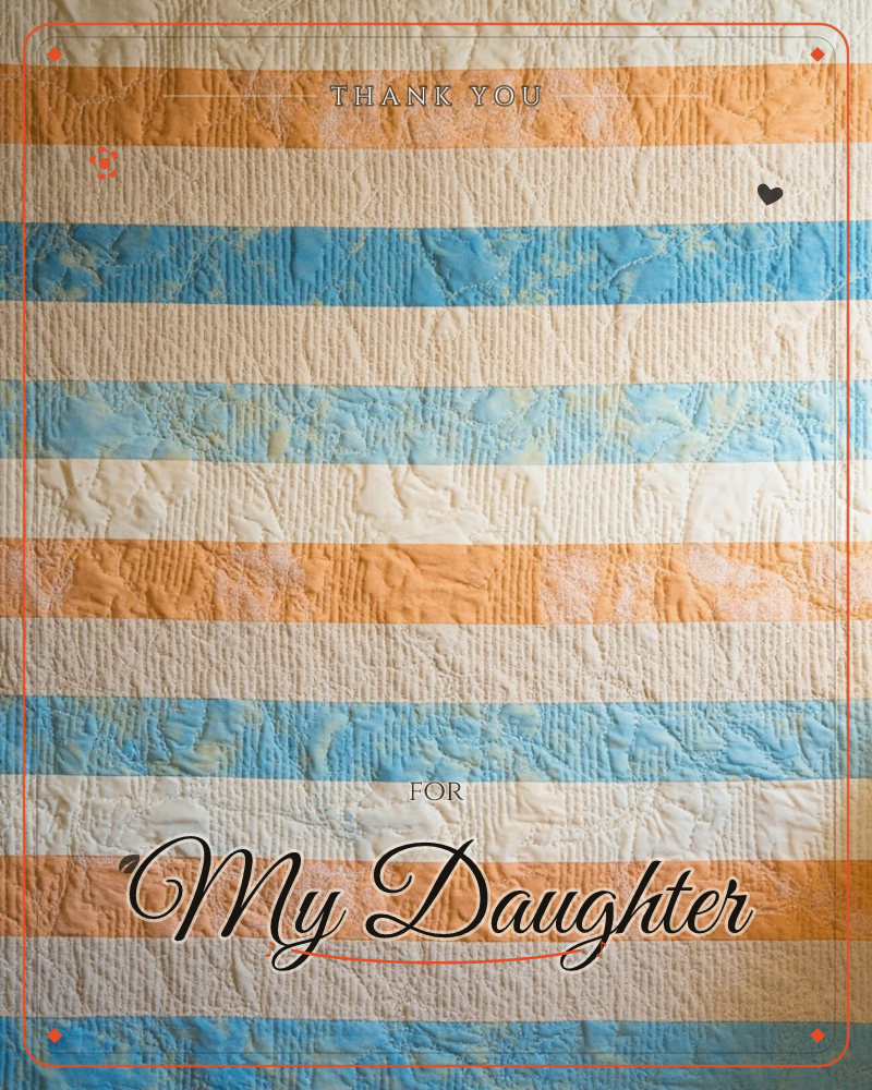 A close-up of a hand-stitched quilt shows horizontal bands of cream, sky blue, and soft orange fabric, each strip textured with visible quilting…, a thankyou e-card design
