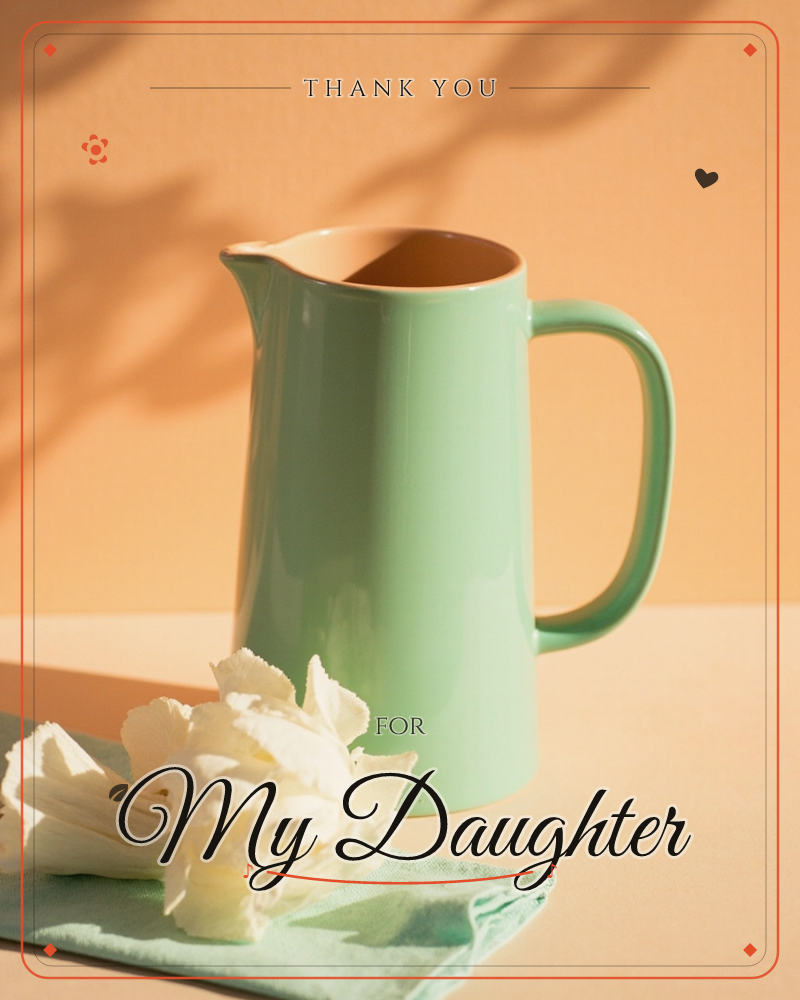 A glossy mint-green ceramic pitcher sits on a peach-toned surface against a warm coral wall, dappled leaf shadows falling across the backdrop, a thankyou e-card design