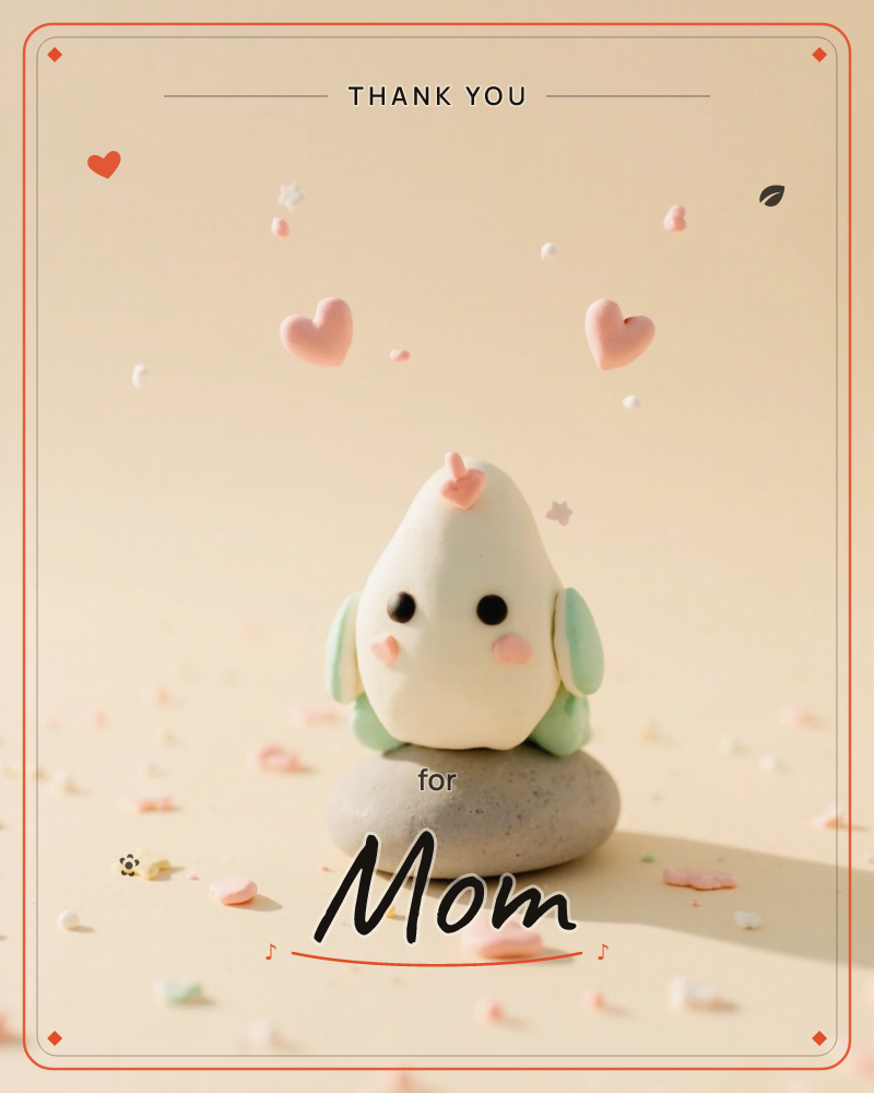A small clay bird with mint-green wings and rosy cheeks perches on a smooth pebble against a soft peach backdrop, a thankyou e-card design