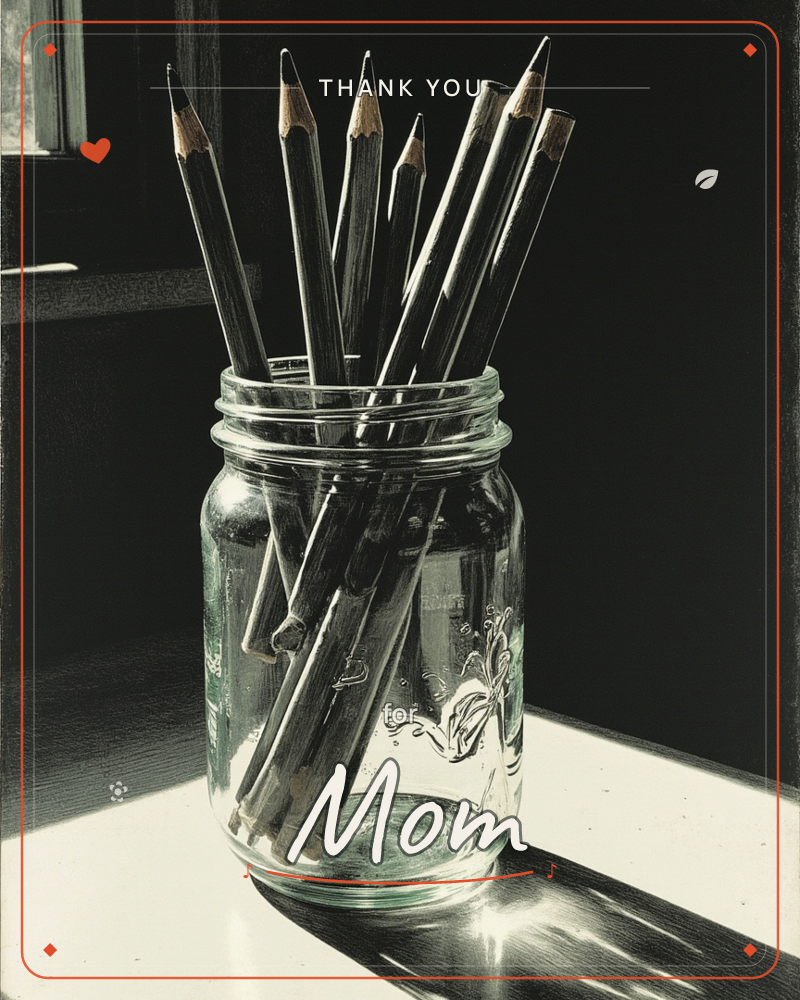 A glass mason jar full of sharpened black pencils sits on a sunlit windowsill, catching a hard shaft of light against a near-black background, a thankyou e-card design