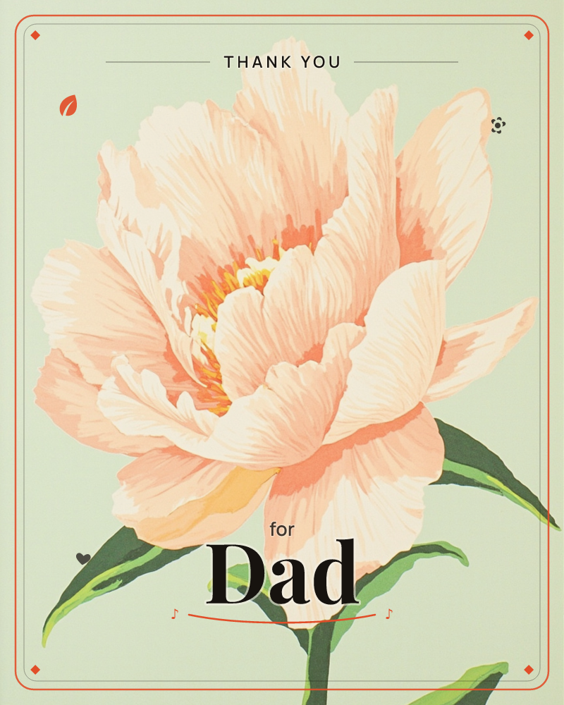 A single peony bloom fills the card, its layered peach and cream petals opening around a soft golden centre, a thankyou e-card design