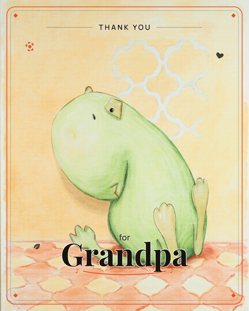 A round, big-headed green creature sits alone on a warm terracotta tiled floor, glancing back over its shoulder against a soft yellow wall patterned…, a thankyou e-card design