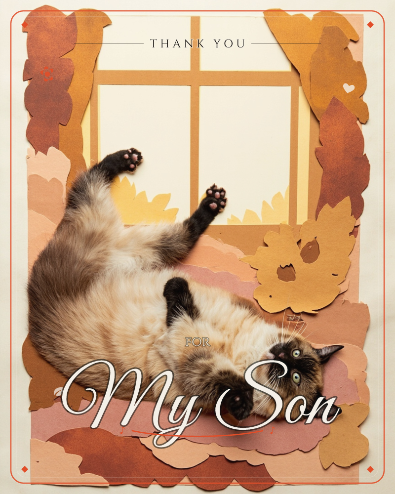 A Siamese-mix cat rolls playfully on its back on a windowsill crafted from layered paper, paws stretched toward the glass, a thankyou e-card design