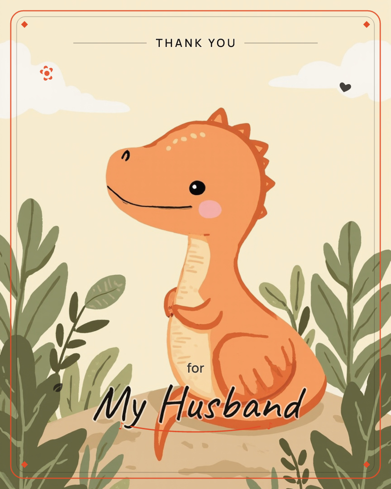 A cheerful orange dinosaur with a pale cream belly sits on a small sandy mound, its rosy cheeks and gentle smile giving it a soft, friendly charm, a thankyou e-card design