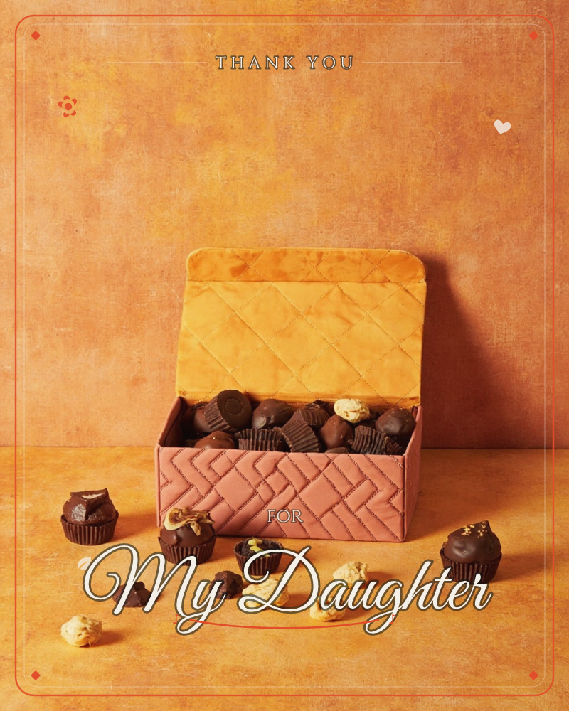A quilted terracotta box lined in mustard velvet sits open on a warm ochre surface, spilling chocolate truffles and cups onto the table below, a thankyou e-card design