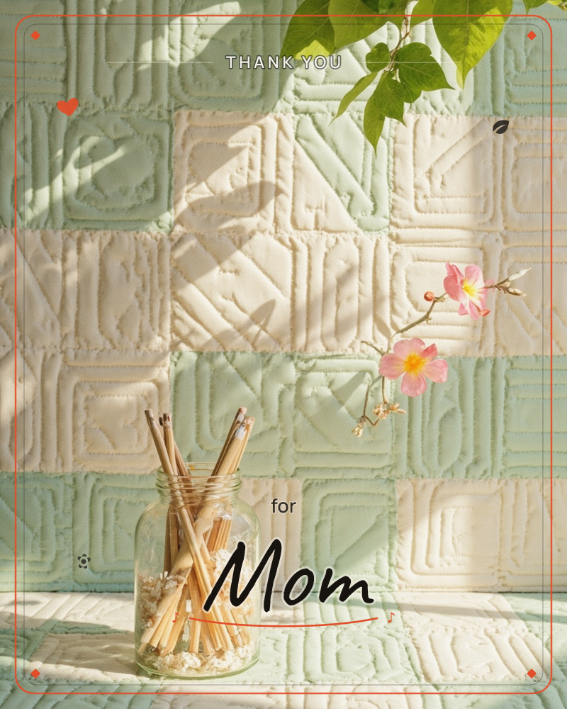 A quilted patchwork backdrop in mint green and cream squares catches soft afternoon light, dappled shadows from an unseen leafy branch falling across…, a thankyou e-card design