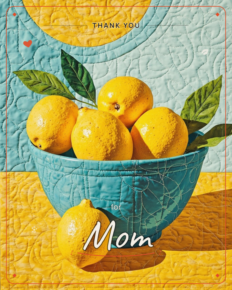 A crackle-glazed teal bowl sits piled high with lemons and glossy green leaves, one lemon rolled loose onto the mustard-yellow tabletop beside it, a thankyou e-card design