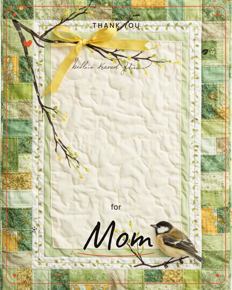 A quilted patchwork card in shades of green and gold frames a cream fabric panel bordered like a quilt block, a thankyou e-card design