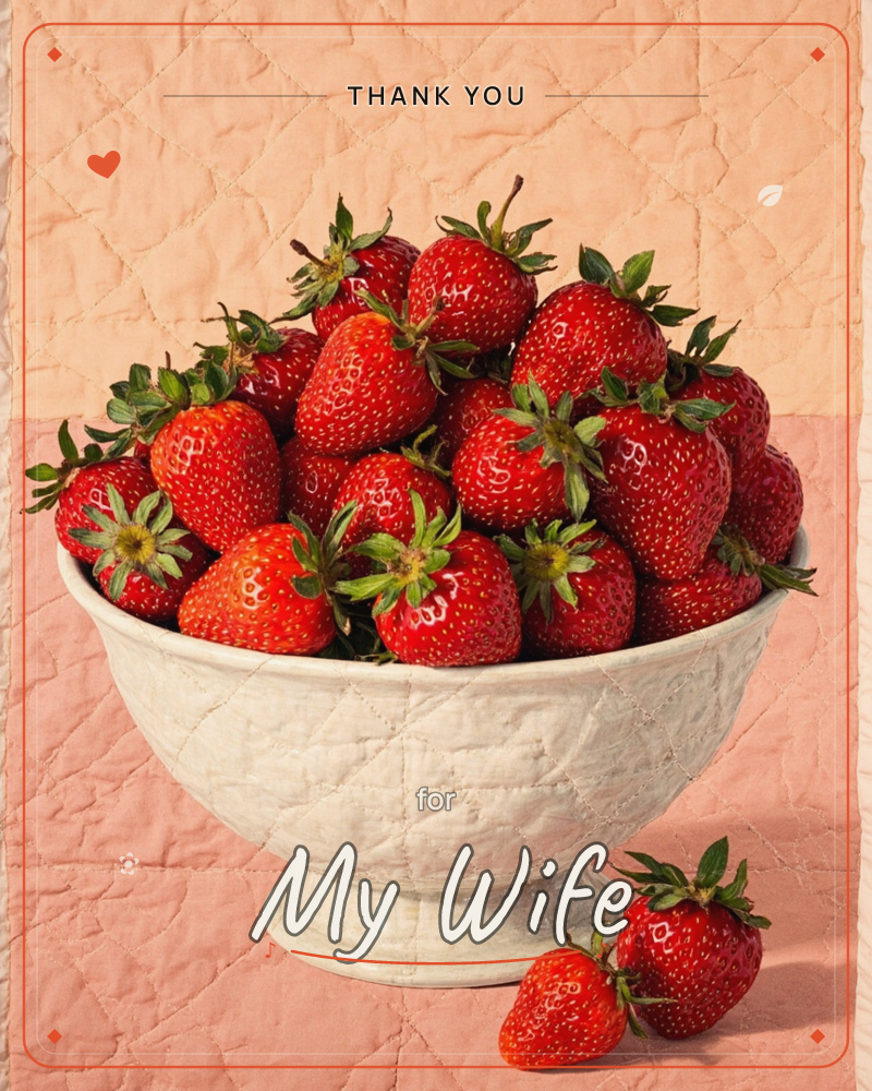 A white ceramic pedestal bowl is piled high with fresh strawberries, their green tops still on, set against a quilted backdrop split between peach and…, a thankyou e-card design