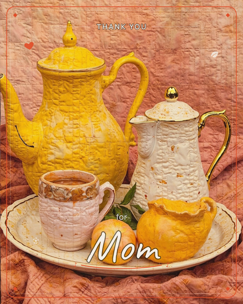 A still-life arrangement shows a bright yellow teapot beside a cream porcelain coffee pot with a gilded handle, a small teacup, a yellow creamer, and a…, a thankyou e-card design