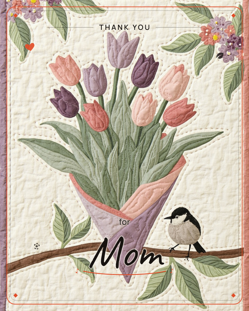 A quilted textile illustration shows a bouquet of tulips in coral, plum, and blush wrapped in a pink and lavender paper cone, with a small chickadee…, a thankyou e-card design