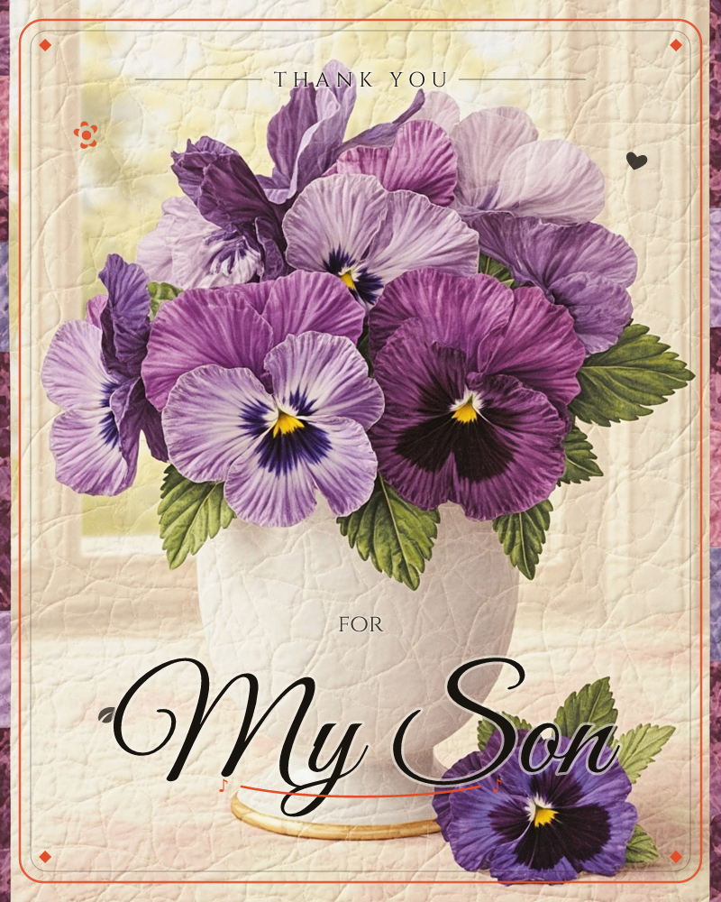 A white ceramic urn overflows with ruffled purple and lavender pansies, their velvety petals marked with dark centres and yellow throats, set before a…, a thankyou e-card design