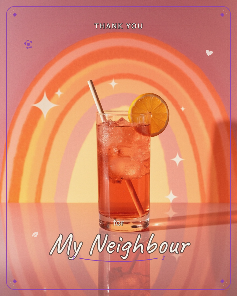A tall glass of iced orange-red soda sits on a glossy reflective surface, garnished with a citrus slice and a striped straw, a thankyou e-card design