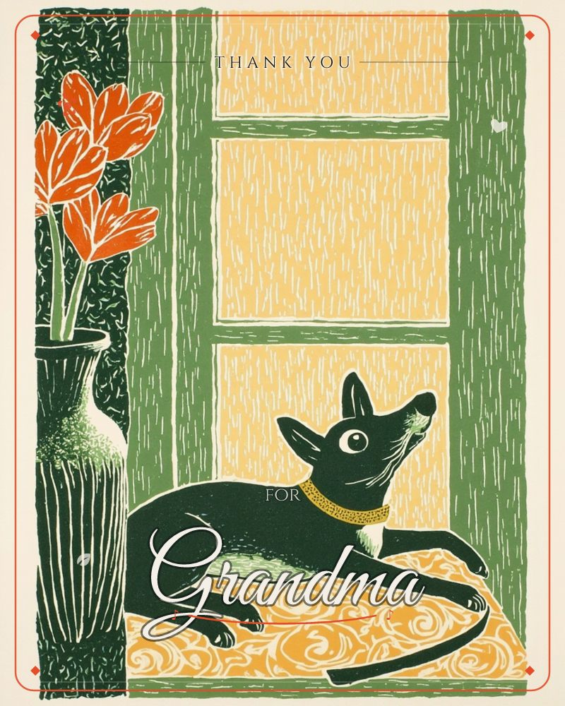 A linocut-style print shows a small dog lying on a patterned cushion beside a tall vase of orange tulips, in front of a green-shuttered window filled…, a thankyou e-card design