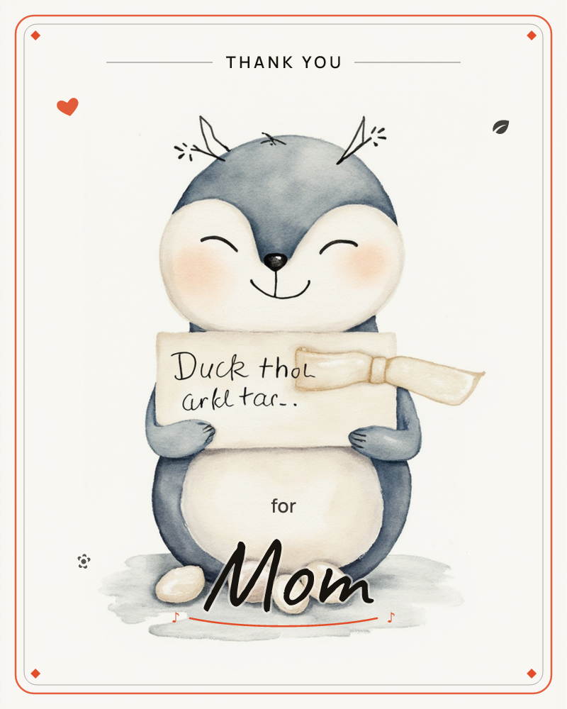 A round, happy little penguin stands on a soft grey watercolour puddle, eyes closed in a cheerful smile with rosy cheeks, a thankyou e-card design